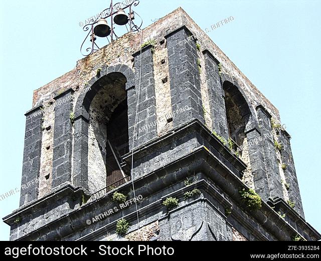 Architectural detail of bell tower. Façade of Church of St. Nicholas (Chiesa di San Nicola). St. Nicholas Square (Piazza San Nicola)