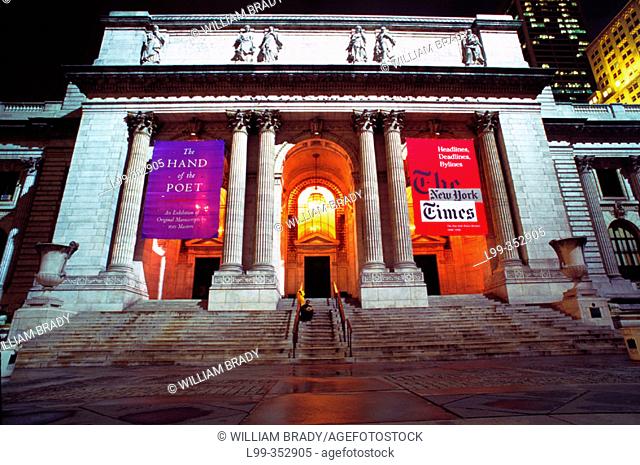 New York Public Library main branch, 40th-42nd Street at night. New York city, New York. USA