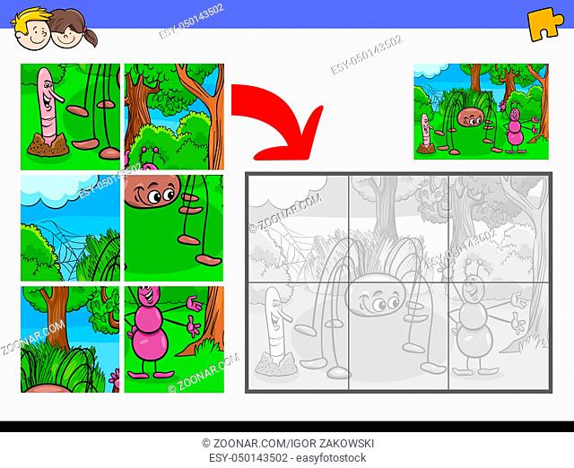 Cartoon Illustration of Educational Jigsaw Puzzle Activity Game for Children with Spider and Ant Insect Characters