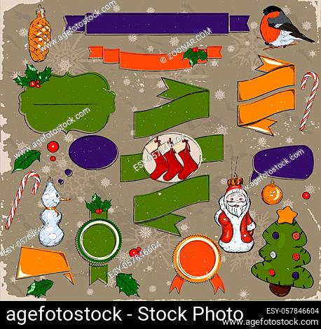 Set of Christmas design elements in red, green and gold. Vector illustration EPS10