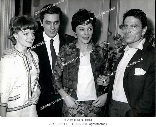 Nov. 11, 1961 - Romy Schneider & Alain Delon congratulate Francoise Prevost, & Raf Vallone after the premier of the play 'A Warrior's Peace