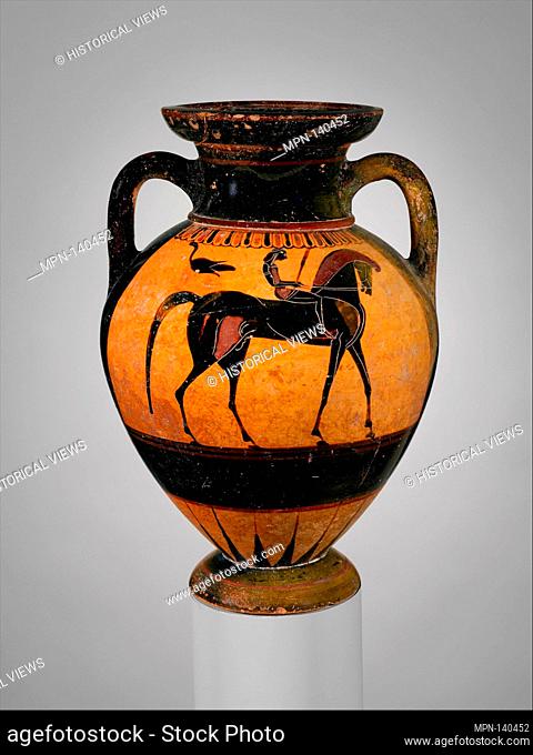 Terracotta neck-amphora (jar). Period: Archaic; Date: ca. 560-550 B.C; Culture: Greek, Attic; Medium: Terracotta; black-figure; Dimensions: H