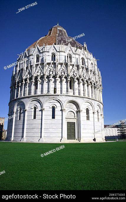 Perspective view of the Baptistery in Piazza dei Miracoli in Pisa Tuscany Italy