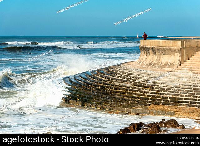 Breakwater and viewpoint in the seaside village Granja in the south of Porto