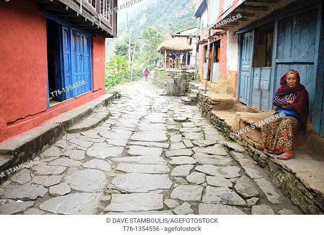 the old village of Bulbule along the Marsyangi River in the Annapurna region of Nepal