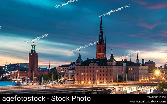 Stockholm, Sweden. Scenic View Of Stockholm Skyline At Summer Evening. Famous Popular Destination Scenic Place In Sunset Lights