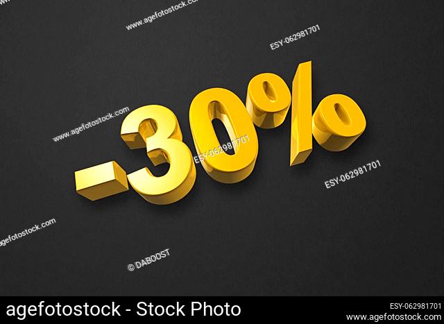 30% off discount. Offer sale. 3D illustration isolated on black. Promotional price rate. Gold number