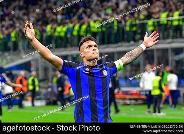 Milano, Italy. 16th, May 2023. Lautaro Martinez (10) of Inter scores for 1-0 during the UEFA Champions League match between Inter and AC Milan at Giuseppe...