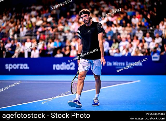 Greek Stefanos Tsitsipas looks dejected during a singles semi final match at the European Open Tennis ATP tournament, in Antwerp, Saturday 21 October 2023