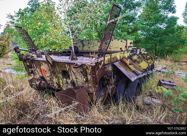 Irradiated vehicle used for clean-up operation after Chernobyl accident in Chernobyl Nuclear Power Plant Zone of Alienation in Ukraine