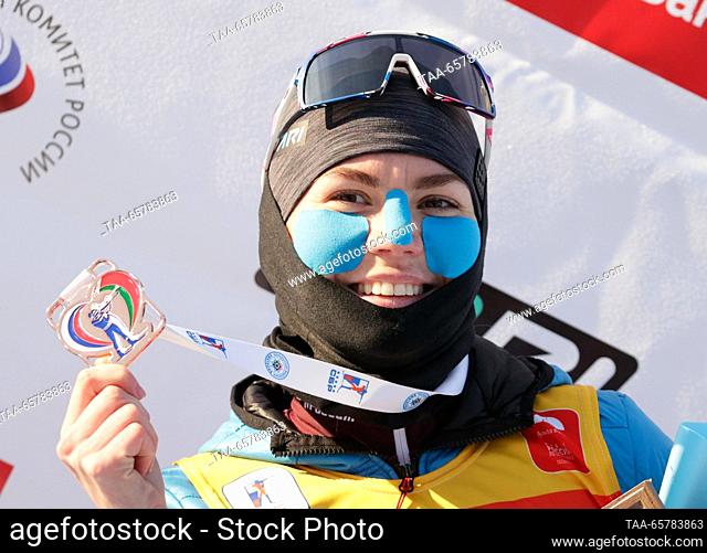 RUSSIA, UFA - DECEMBER 15, 2023: Bronze medallist Viktoria Slivko of Russia celebrates during the victory ceremony for the ladies' sprint in Stage 2 of the...