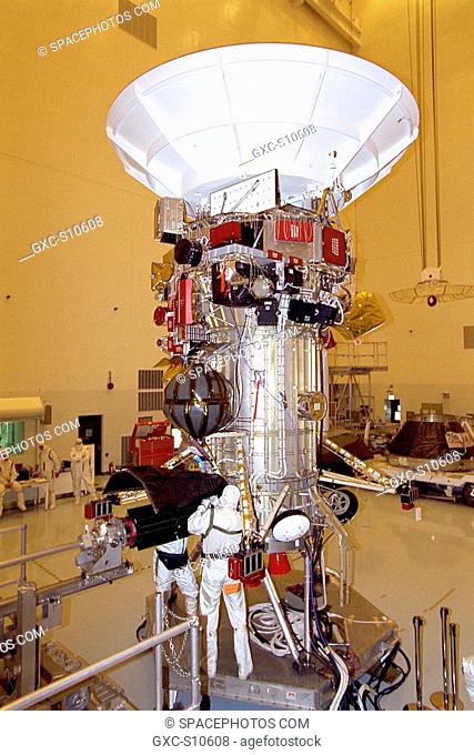 07/18/1997 --- Jet Propulsion Laboratory JPL workers Dan Maynard and John Shuping prepare to install a radioisotope thermoelectric generator RTG on the Cassini...