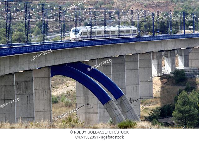 Spain, Catalonia, Lleida province, High Speed Train, AVE Serie 103 passing by the Vinaixa viaduct