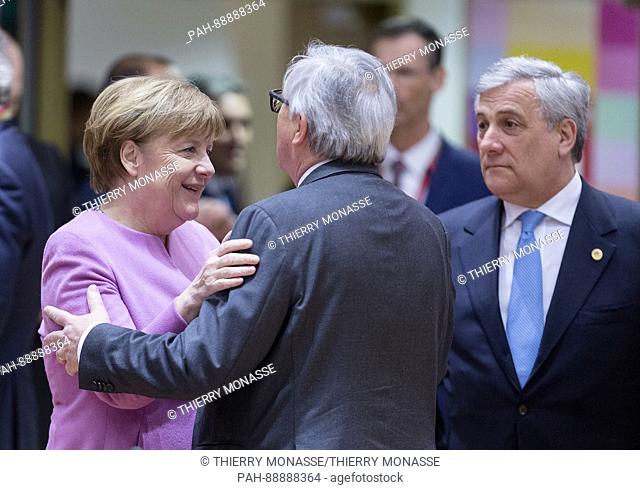 March 9, 2017. Brussels, Belgium: German Chancellor Angela Merkel (L) is talking with the President of the European Commission Jean-Claude Juncker (R) during an...