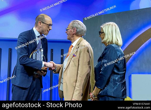 Vice-prime minister and Finance Minister Vincent Van Peteghem and Flemish industrial Willy Naessens pictured during the award ceremony for the 29th edition of...