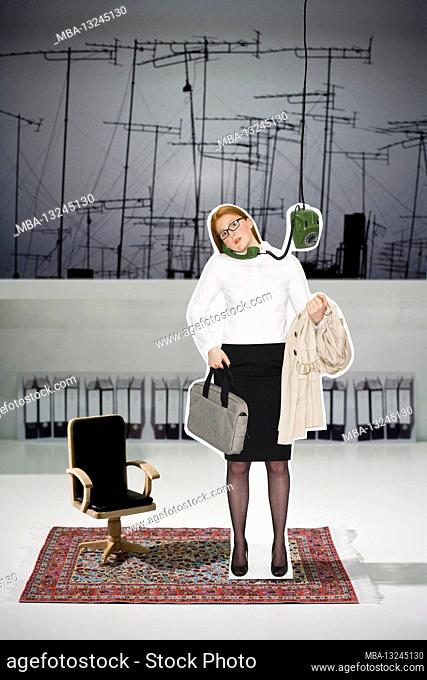 Woman, phone, cut-out figure, office chair, file folder, briefcase, business suit, carpet, antennas