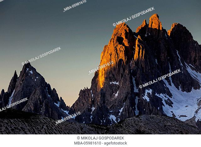 Italy, Alps, Dolomites, Mountains, View from Rifugio Auronzo, Cadini di Misurina, Spring Dolomites