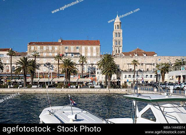 View over the harbor basin to the historic old town with cathedral and promenade, Split, UNESCO World Heritage Site, Split-Dalmatia County, Dalmatia, Croatia