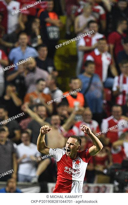 JAN BORIL of Slavia Prague scores and celebrates a goal during the Football Champions' League 4th qualifying round return match: Slavia Prague vs Cluj-Napoca in...
