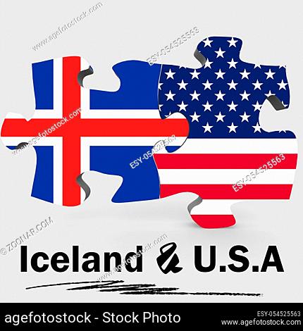 USA and Iceland Flags in puzzle isolated on white background, 3D rendering