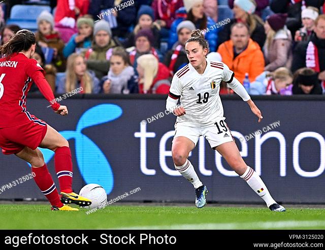 Belgium's Chloe Vande Velde pictured in action during a soccer game between Norway and Belgium's national team the Red Flames, Tuesday 26 October 2021 in Oslo