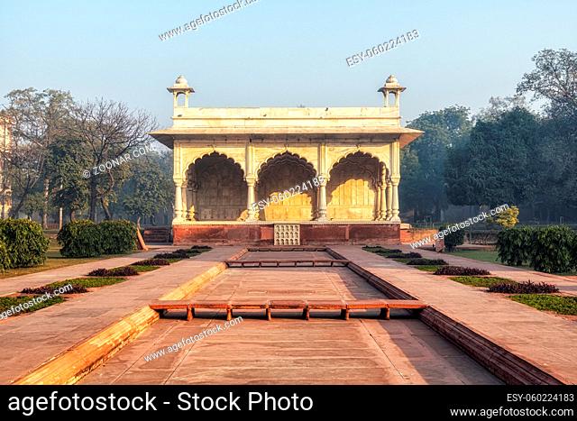 bhadon pavilion in red fort taken during sunrise time surrounded in fog