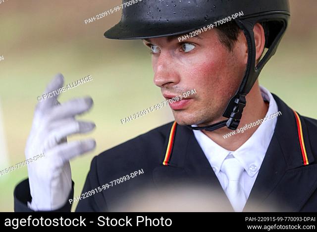 15 September 2022, Italy, Rocca Di Papa: Equestrian sport: World Championship, Eventing, Dressage. Dressage rider Christoph Wahler (Germany) gestures after his...