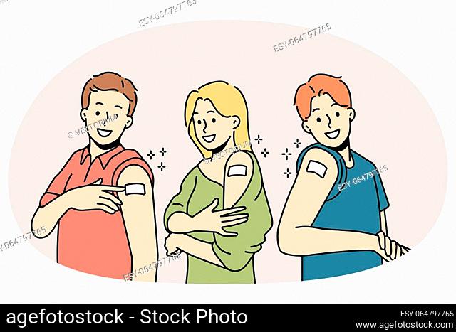 Smiling people showing bandages after vaccination. Happy men and women demonstrate band aids on arm get vaccinated. Healthcare. Vector illustration