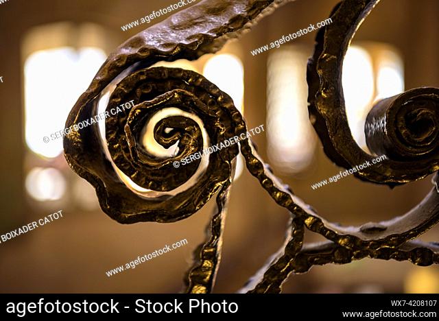 Helical shapes of wrought iron on the railing of the stairs to the main floor of La Pedrera - Casa MilÃ  (Barcelona, Catalonia, Spain)