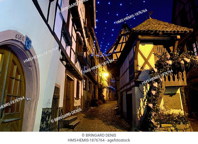 France, Haut Rhin, Eguisheim, labelled Les Plus Beaux Villages de France (The Most beautiful Villages of France), Remparts lane, Christmas lights
