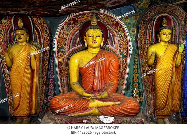 Buddha statues, interior, Aluvihara Rock Temple, Matale, Central Province, Sri Lanka