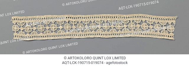 Strip of needle lace with small dense and large open circles, Strip of natural-colored needle lace - reticella - between the edges of open sewing: work with...