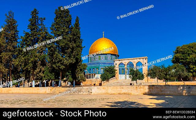 Jerusalem, Israel - October 12, 2017: Temple Mount with Dome of the Rock Islamic monument shrine and historic gateway arches in Jerusalem Old City