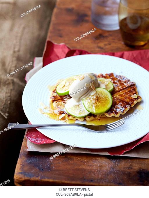 Fig Waffles with mascarpone, honey, almonds and icing sugar