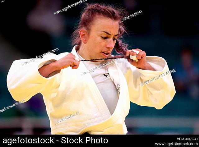Belgian Judoka Charline Van Snick reacts during the first round match in the women's -52kg judo competition, on the third day of the 'Tokyo 2020 Olympic Games'...