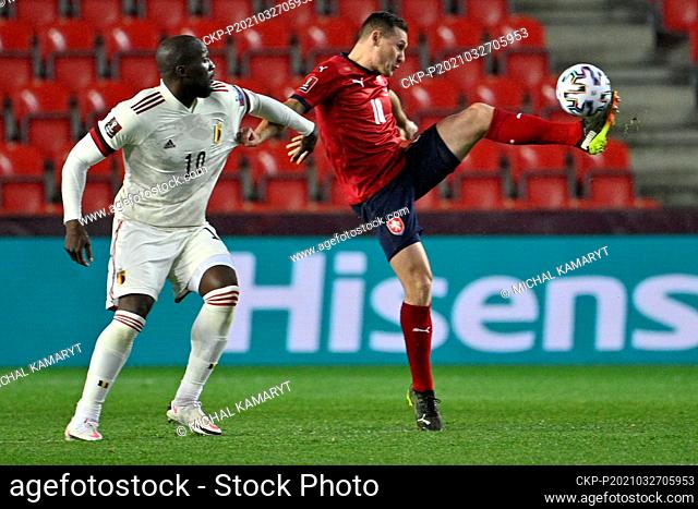 L-R Romelu Lukaku of Belgium and Jan Boril of Czech in action during the World Cup qualifier group E: Czechia vs Belgium in Prague, Czech Republic, on Saturday