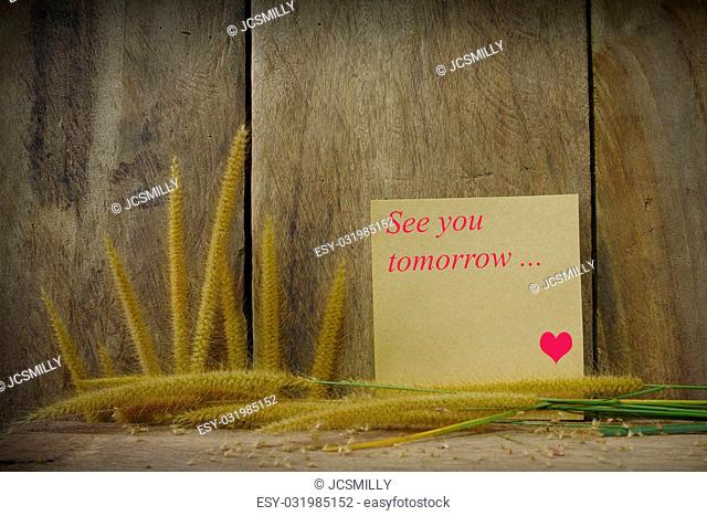 Still life with see you word wrote on notepad and foxtail grass on wooden background