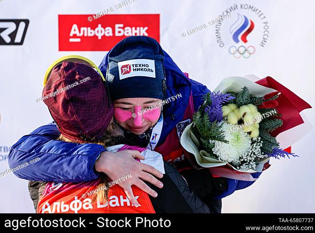 RUSSIA, UFA - DECEMBER 16, 2023: Silver medallist Anastasia Shevchenko of Russia (facing the camera) receives a hug from gold medal winner Tamara Derbusheva of...
