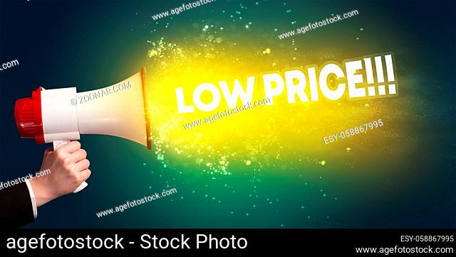 Young woman yelling to loudspeaker with LOW PRICE!!! inscription, modern media concept