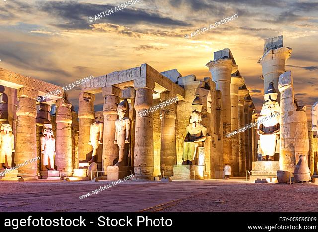 Columns and statues of the Luxor Temple, Egypt, evening view
