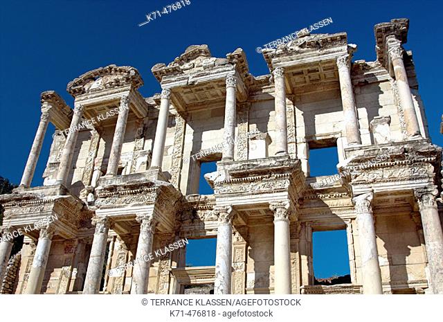 The facade of the Celsus Library building in Ephesus, Turkey