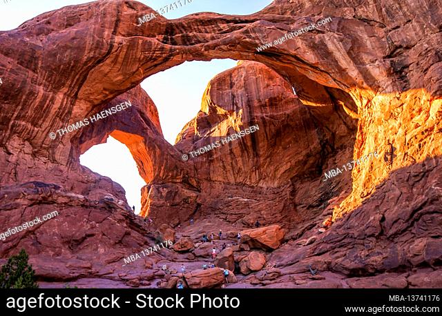 The famous Double Arch - a sandstone formation & popular photo spot with two big arches springing from the same side foundation - noted for front & back spans...
