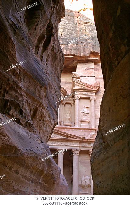 Façade of the Khasneh ('Treasury') from Siq at Petra. Jordan