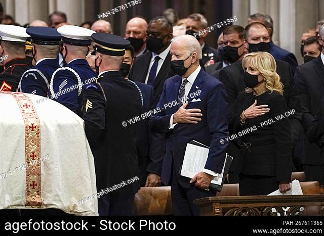 United States President Joe Biden and first lady Dr. Jill Biden, watch as the casket with the remains of former US Senator Bob Dole (Republican of Kansas) are...