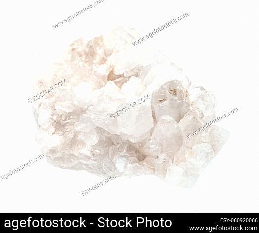 closeup of sample of natural mineral from geological collection - matrix of colorless Rock crystals (rock-crystal) isolated on white background