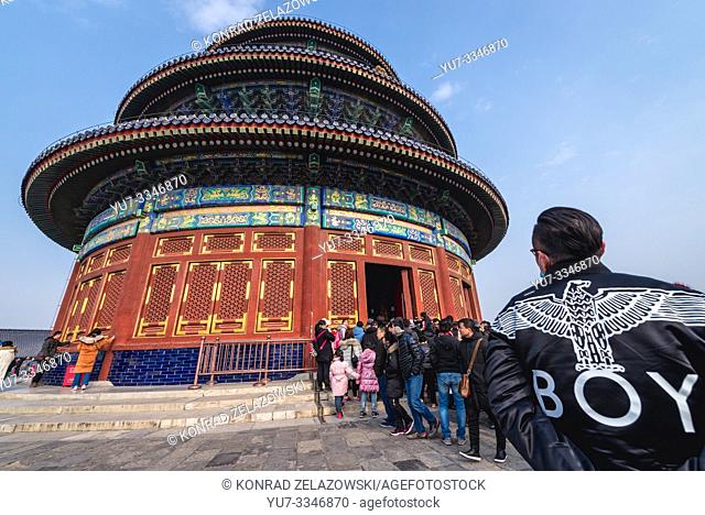 Tourists in front of Hall of Prayer for Good Harvests in Temple of Heaven in Beijing, China