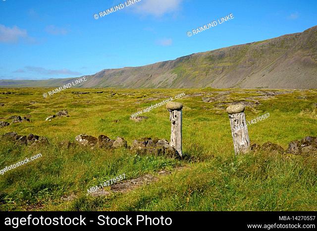 Entrance, wooden post, path, Summer, Herdisarvik, Sudurnes, SuÃ°urnes, Iceland