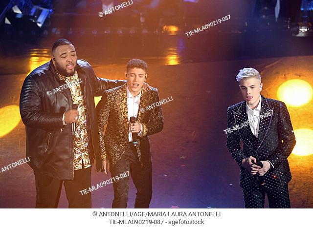 Singers Einar, Biondo and Sergio Sylvestre during 69th Festival of the Italian Song, Sanremo fourth evening. Sanremo, Italy 08 Febr 2019