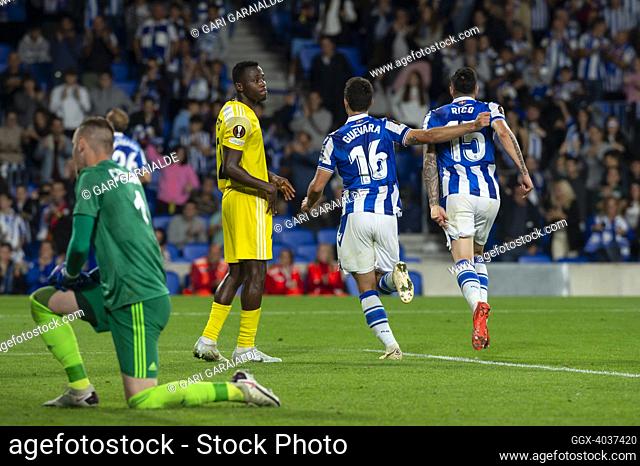 Ander Guevara and Diego Rico celebrate after their sides third goal during the UEFA Europa League Group E match between Real Sociedad and FC Sheriff Tiraspol at...