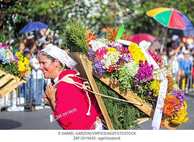 A woman carries flowers with the wooden crate in her back during the last day of the Festival of the Flowers in Medellin, Colombia on August 8, 2017